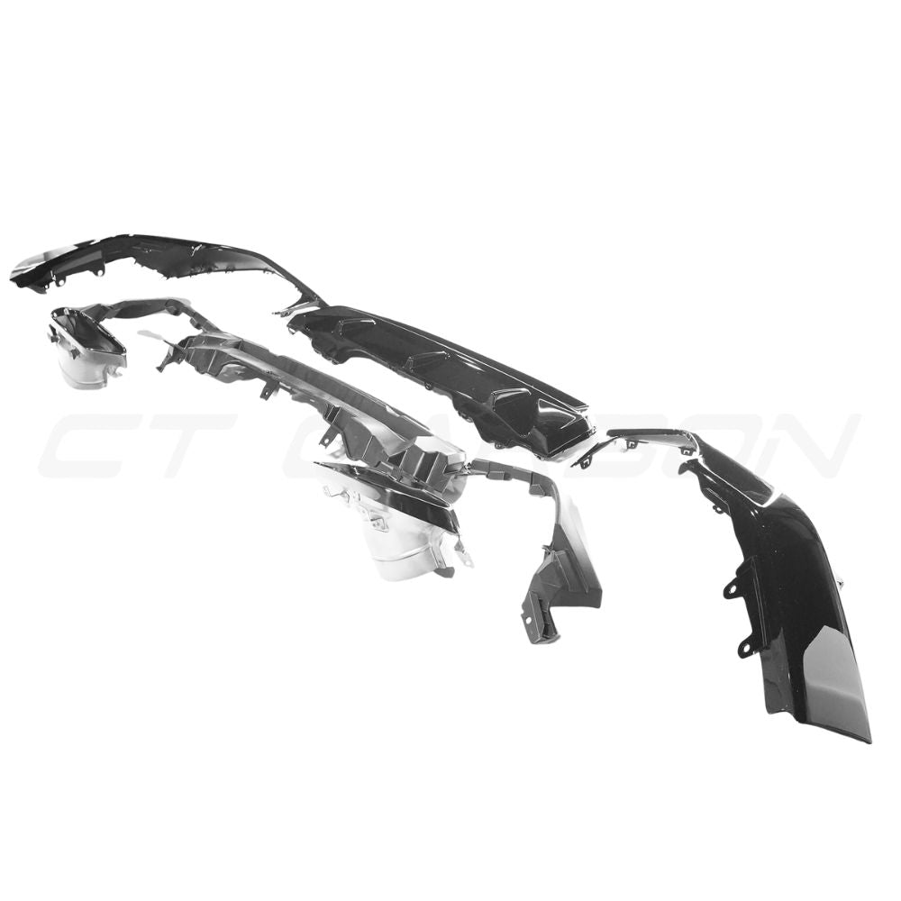 BMW G42 2 Series 2022+ CT Carbon gloss black diffuser with tips, designed for 240i style, showing the sleek rear car detail.