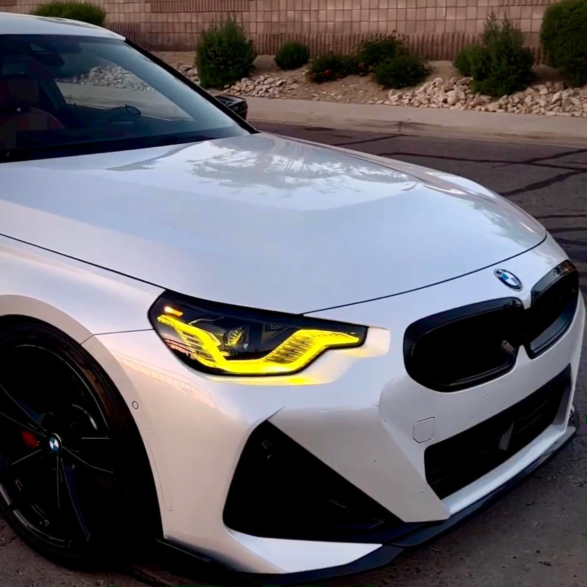BMW G42 2 Series yellow adaptive DRL module set by CT Carbon, featuring sleek daytime running lights for 2022+ models.