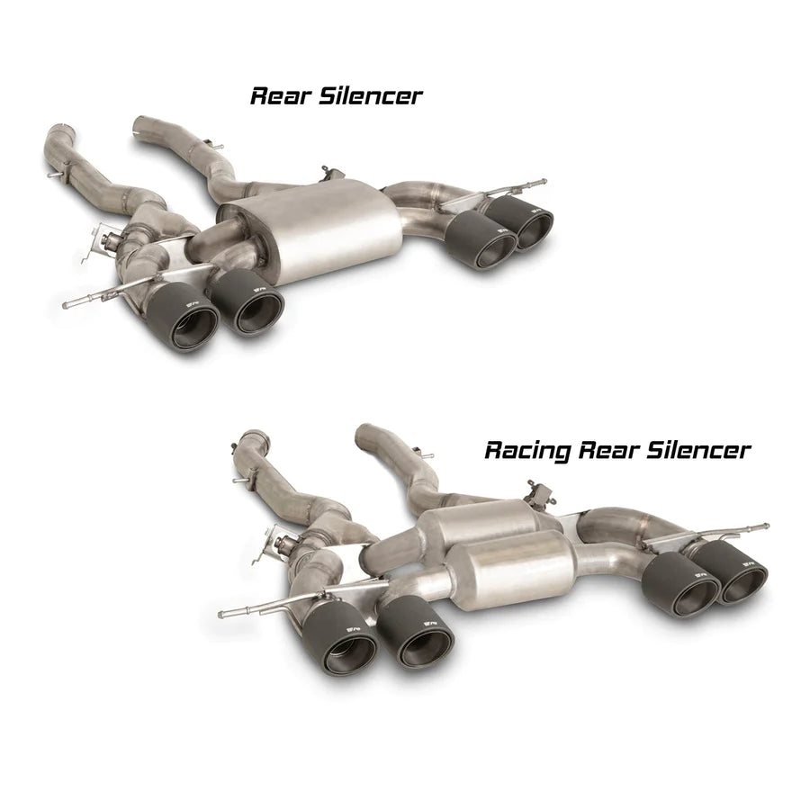 Remus axle back exhaust system for BMW G80 M3 and G82 M4, showcasing the stainless steel exhaust tips and piping.