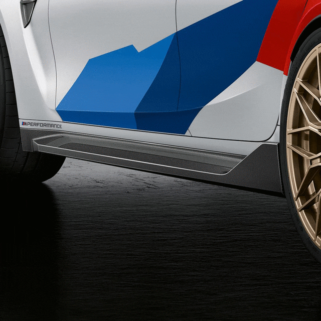 Genuine BMW M Performance carbon side skirts for G80 M3 and G82 M4, featuring sleek black carbon fiber design.