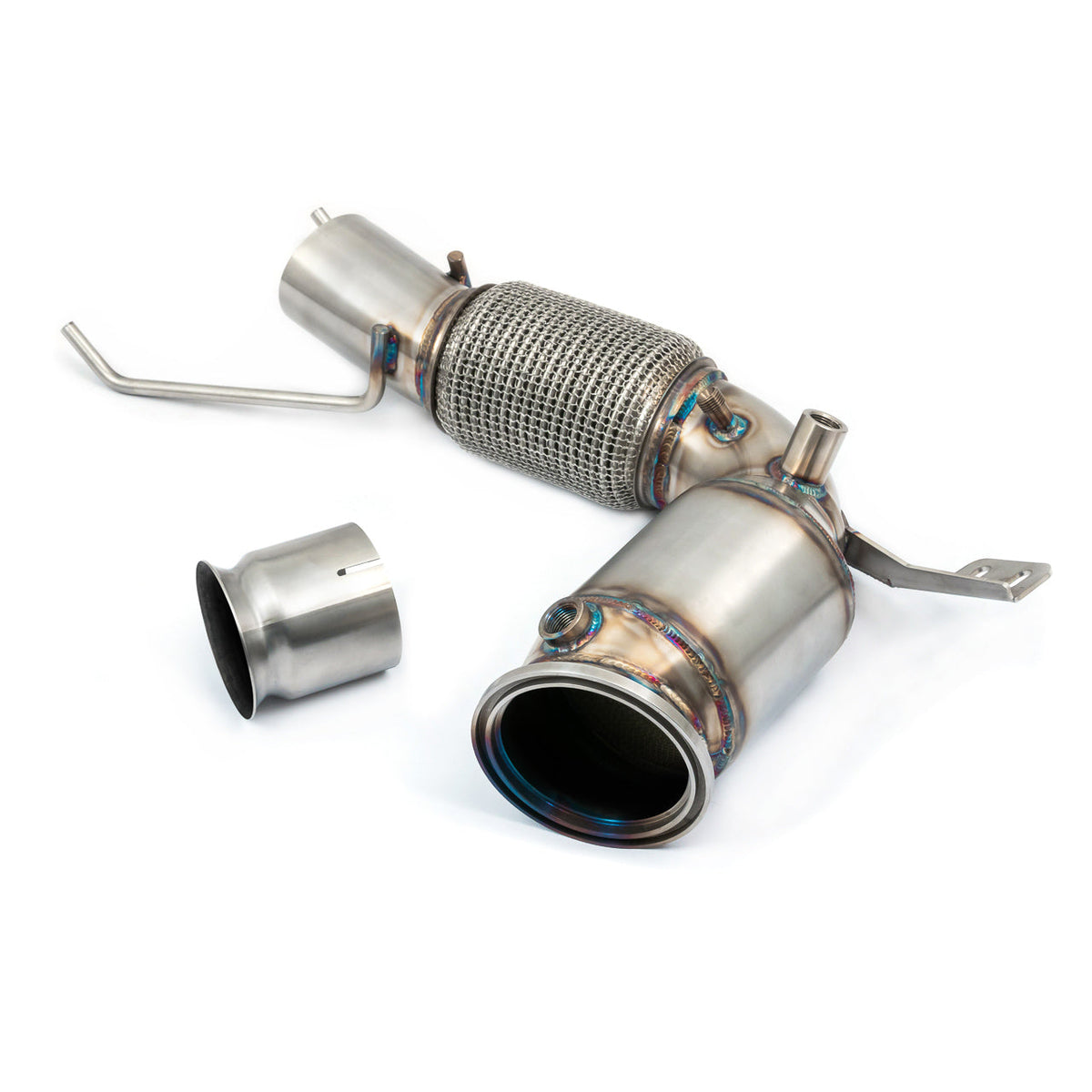 Cobra Sport BMW 128ti F40 front downpipe with sports cat for performance exhaust, featuring a sleek metal finish and standard fitment
