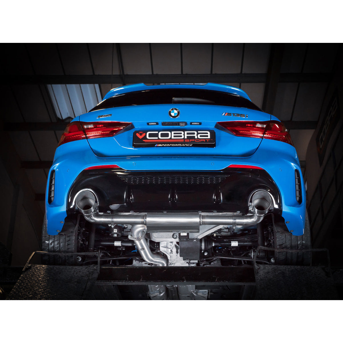 Cobra Sport BMW M135i F40 GPF/PPF back performance exhaust with dual tips and polished finish.
