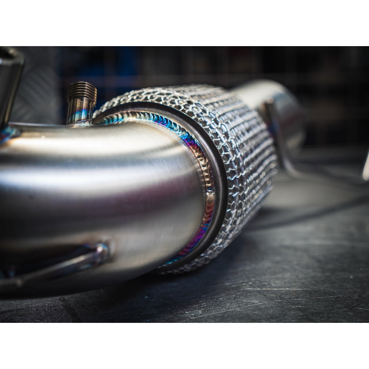 Cobra Sport BMW M235i Gran Coupe front downpipe sports cat, performance exhaust component, metal with branding markings.