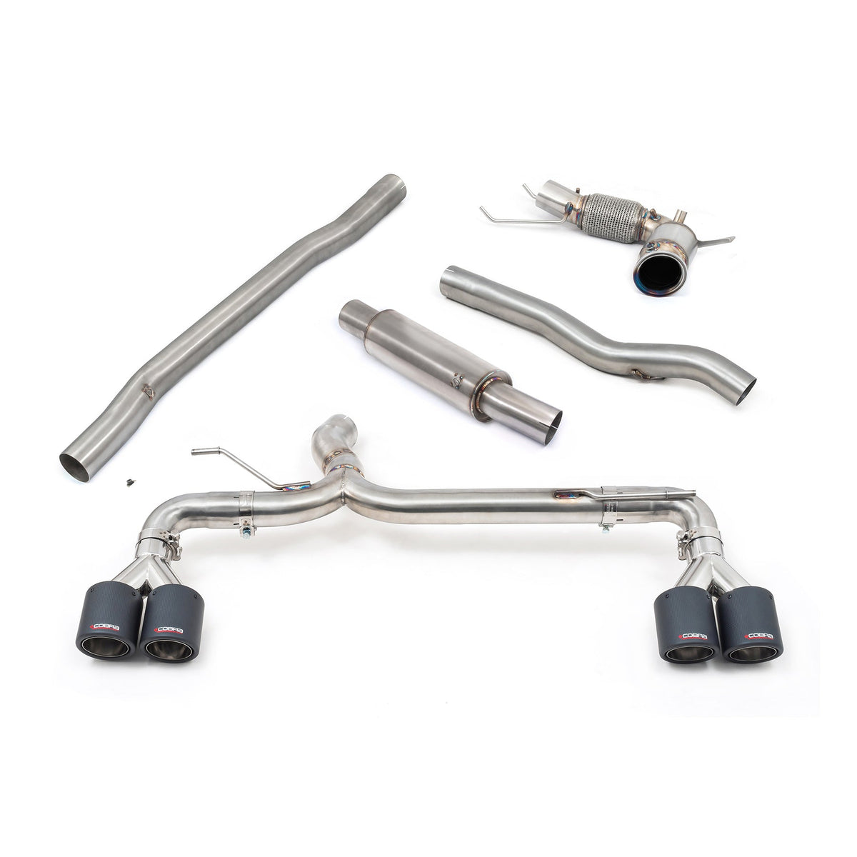 Cobra Sport BMW M135i F40 turbo back exhaust with quad exit, race box delete, high-performance M3 style design, and polished finish.