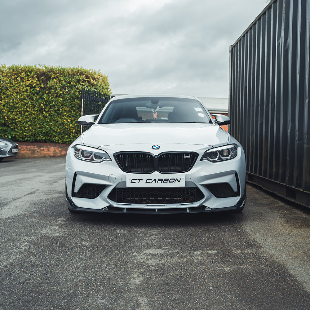 BMW M2C F87 2016-2021 CT Carbon carbon fibre splitter V2, 3D style, mounted on front bumper for enhanced sporty look.