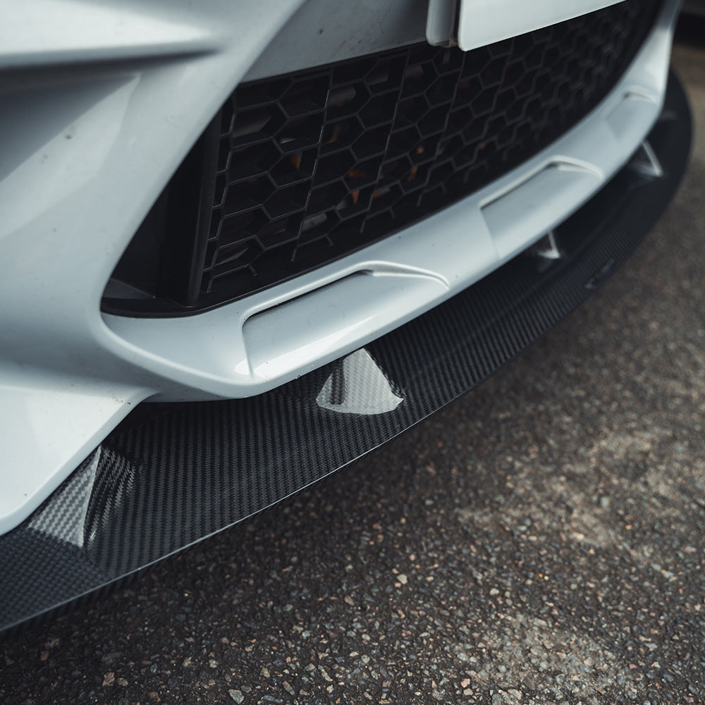 BMW M2C F87 2016-2021 CT Carbon carbon fibre splitter, V2 3D style, mounted on front bumper of the sports car.