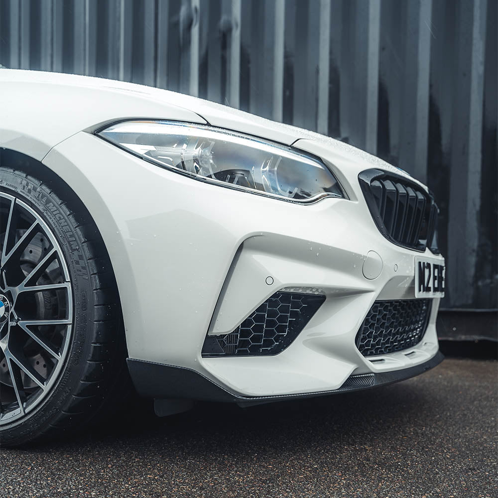 BMW F87 M2C Carbon Fibre Splitter by CT Carbon, V3 model, installed on the front of the sporty M2C car.