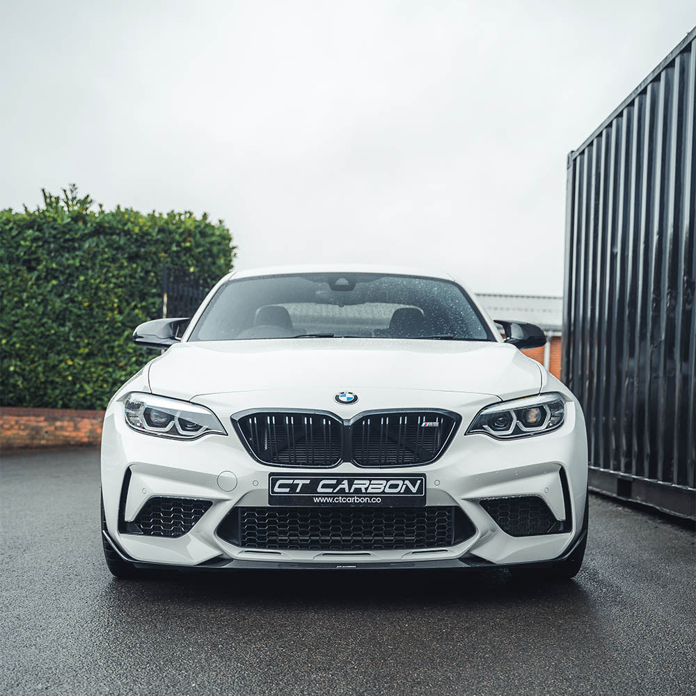 BMW F87 M2C Carbon Fibre Splitter by CT Carbon, V3, showcasing the lightweight aerodynamic front splitter with detailed carbon weave.
