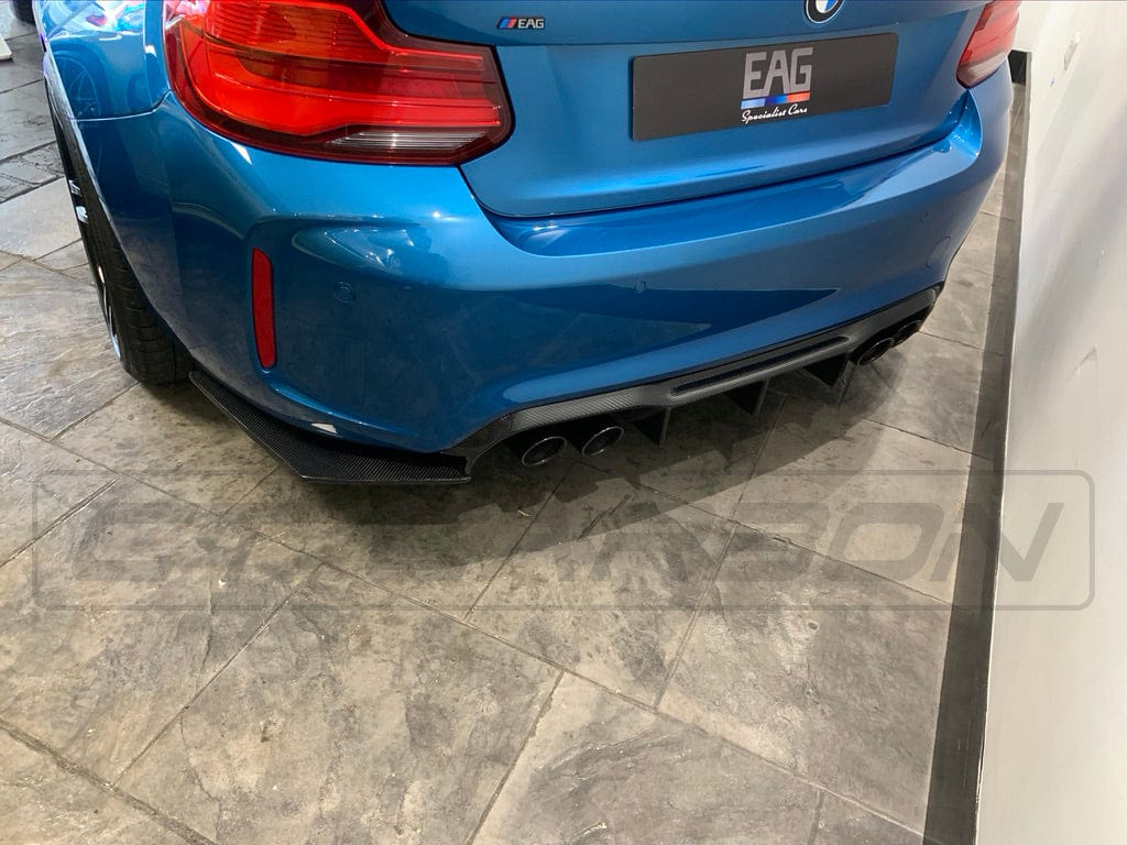 BMW M2/M2C F87 carbon fibre diffuser by CT Carbon, featuring a sleek V4 design with MT-style finish.