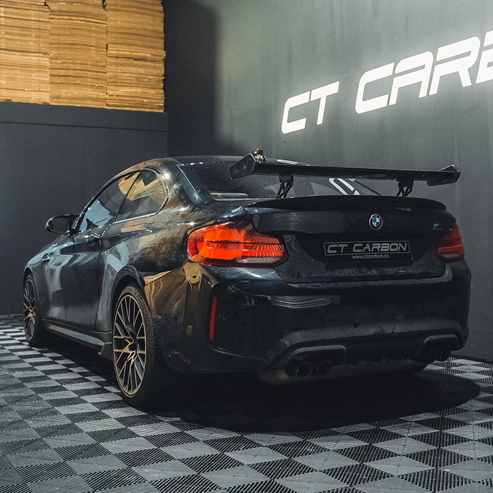 BMW M2 M3 M4 F80 F82 F87 CT Carbon fibre spoiler in GTS style, showcasing sleek carbon fiber design and aerodynamic shape.