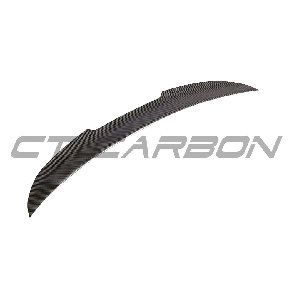 BMW M3 and 3 Series E92 carbon fiber spoiler by CT Carbon, featuring a sleek V2 design on a sporty car.