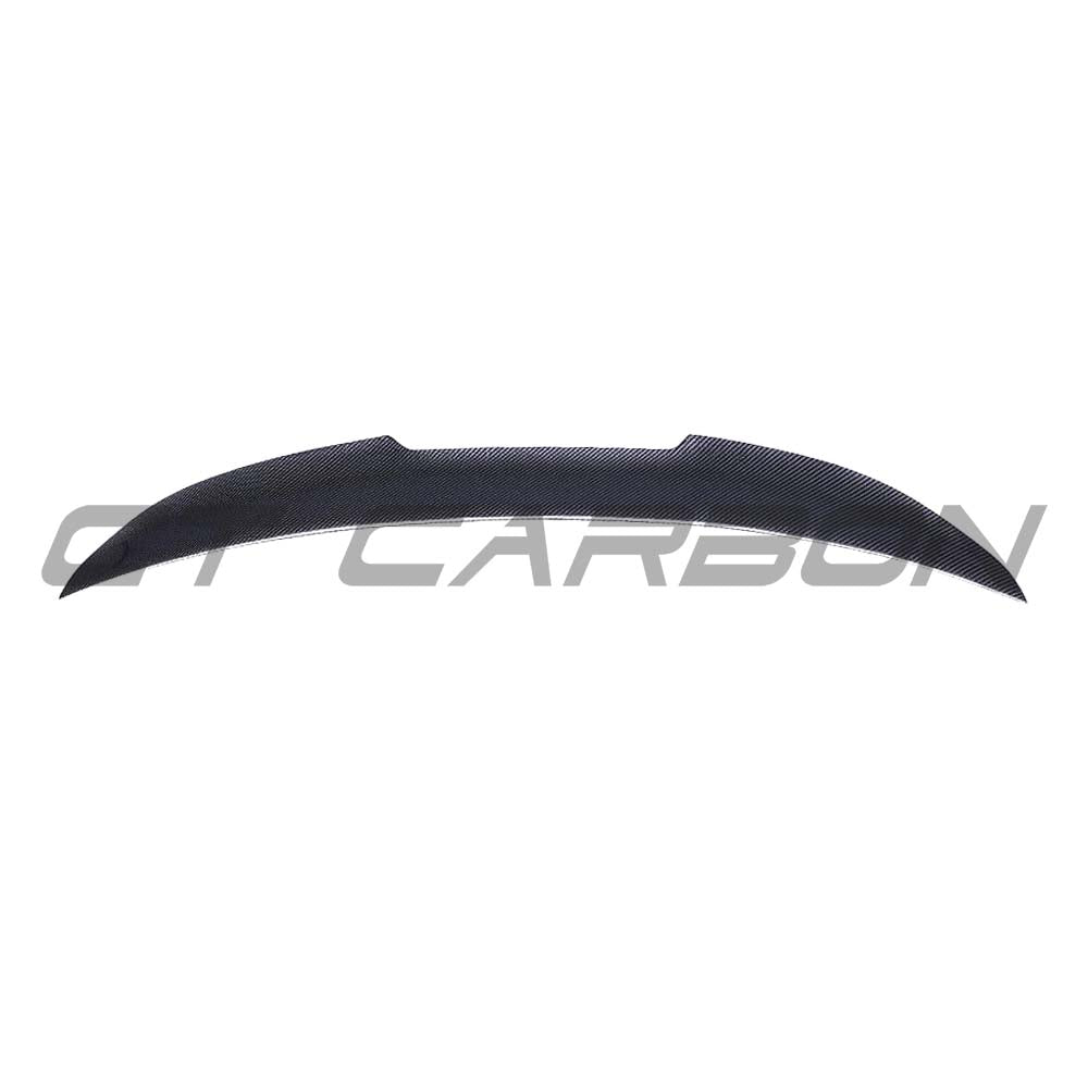 BMW M3 and 3 Series E90 carbon fibre spoiler by CT Carbon, showing sleek V1 style design on the car's trunk.