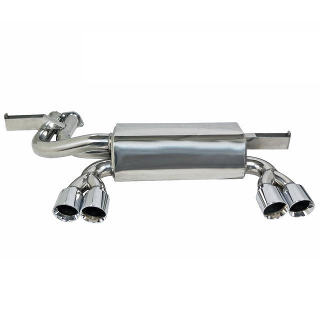 Cobra Sport BMW M3 E46 rear performance exhaust axle back system installed on vehicle, showcasing the polished exhaust tips.