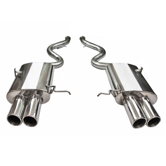 Cobra Sport BMW M3 E90 E92 E93 rear axle back performance exhaust with dual chrome tips and polished finish.