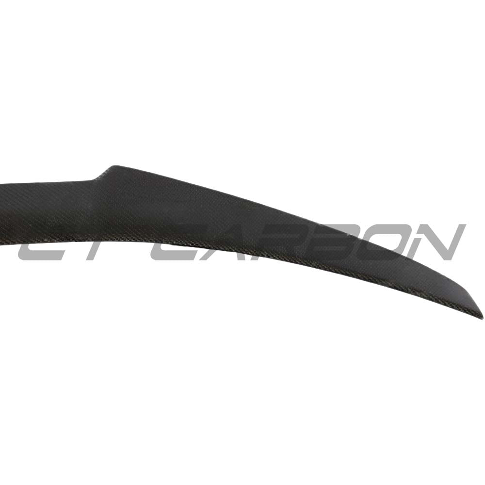 BMW M3 F80 and F30 3 Series carbon fibre spoiler by CT Carbon, V1 style, shown on the car's rear with a sleek, glossy finish.