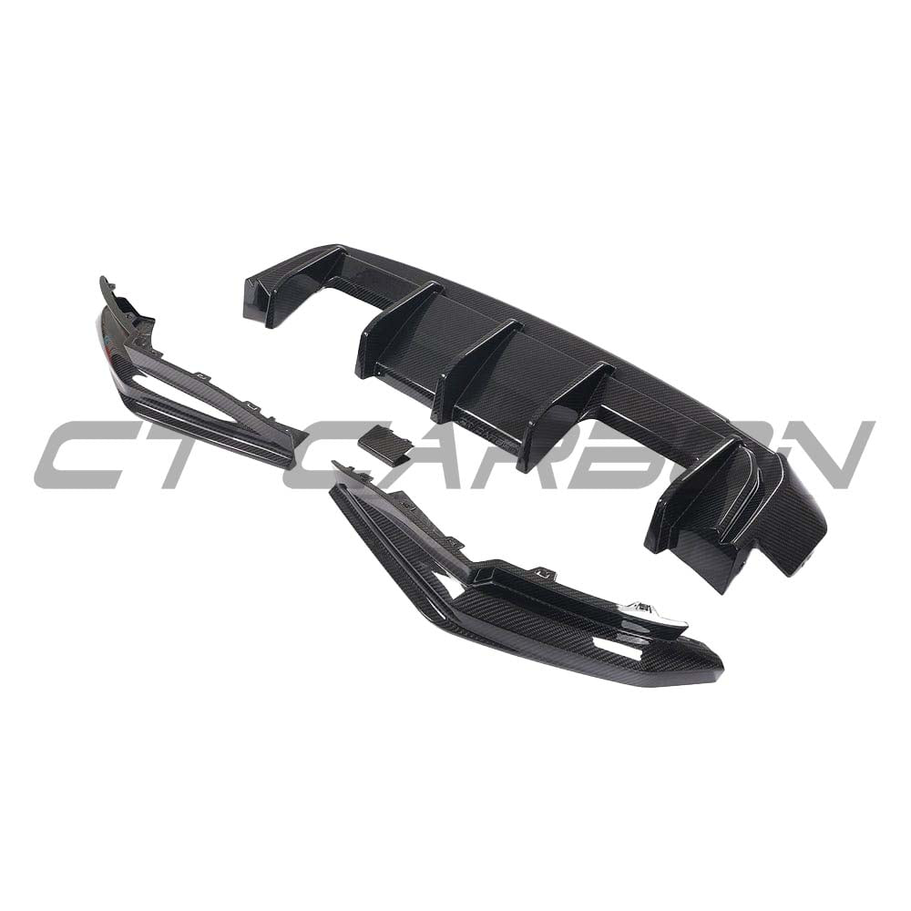 BMW G80 M3 full carbon fiber kit by CT Design, including diffuser and body panels, showcasing sleek black carbon fiber details.