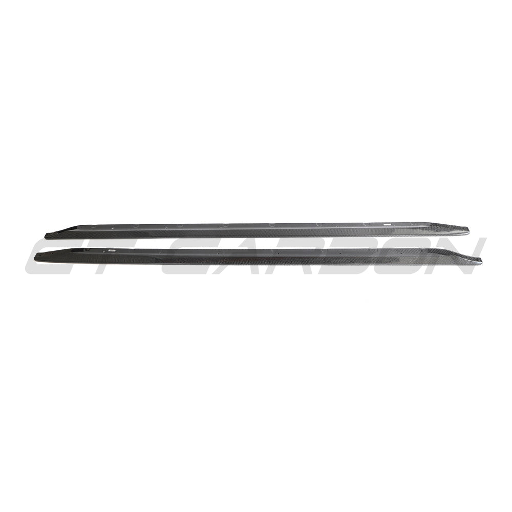 BMW M3 G80 G81 carbon fibre side skirt extensions by CT Carbon, showcasing sleek, lightweight aerodynamic design on the car.