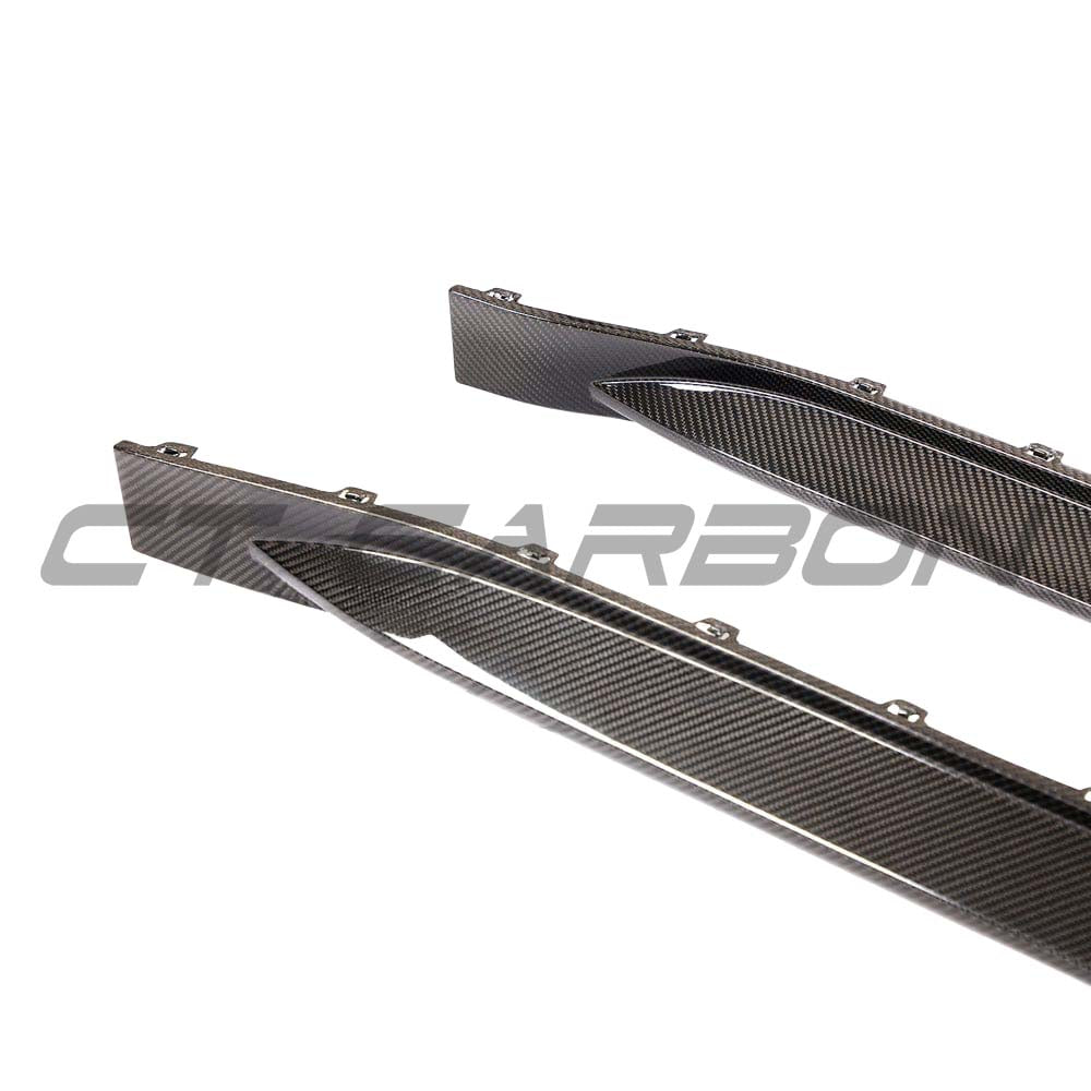 BMW M3 G80 G81 carbon fibre side skirt replacement and extension by CT Design, showcasing sleek, lightweight car body enhancement.