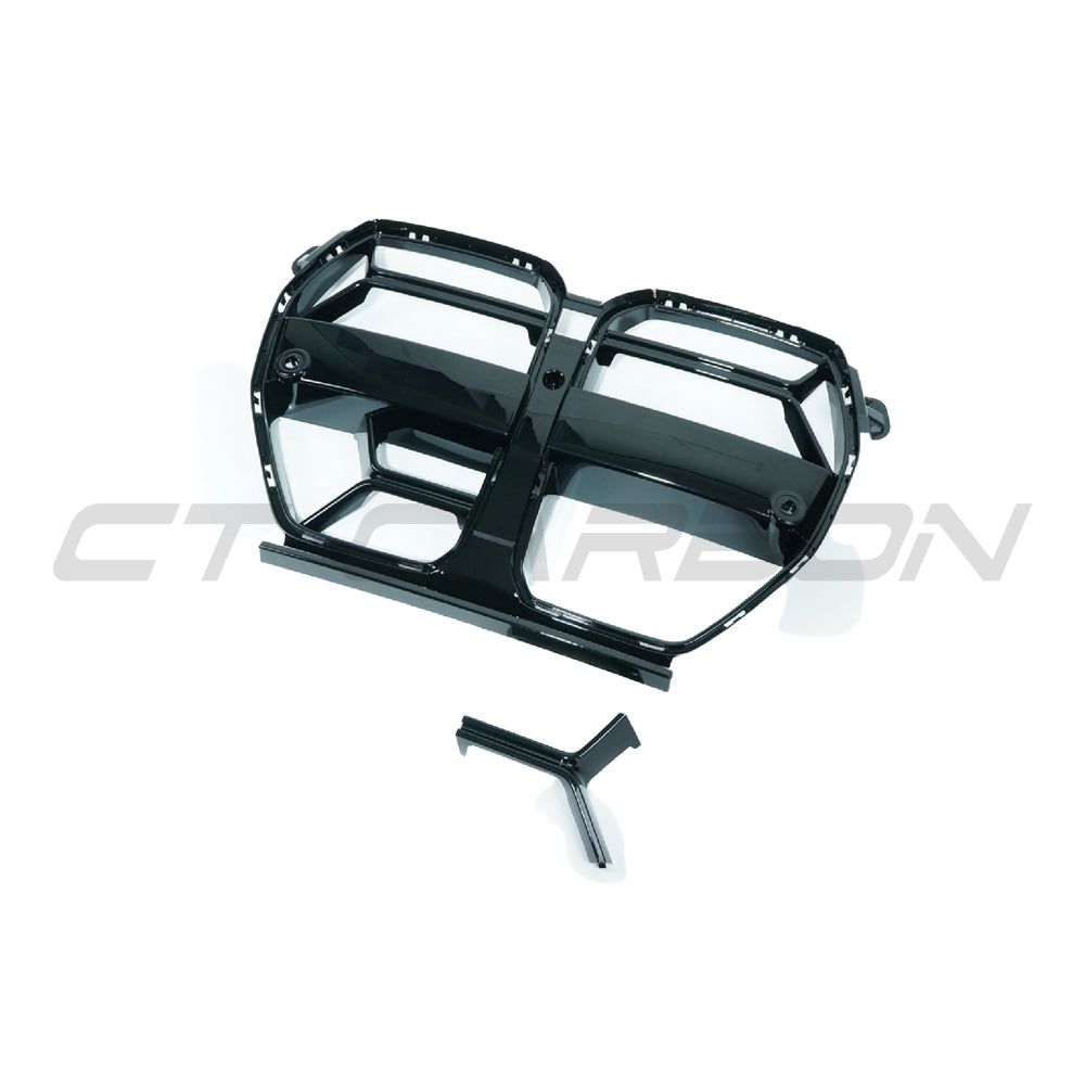 BMW M3 and M4 G80 G81 G82 G83 gloss black grille by CT Carbon, CSL style, showing the sleek front grille design.