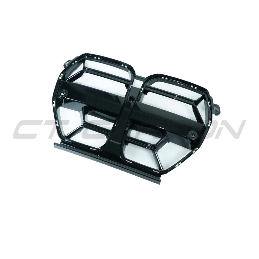 BMW M3 M4 G80 G81 G82 G83 gloss black grille by CT Carbon, featuring a sleek CSL style design for sporty vehicle enhancement.