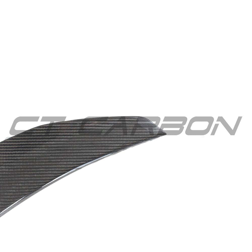 BMW M3 G80 G20 carbon fibre spoiler by CT Carbon, V2 style, showing the sleek, aerodynamic design on the car's rear.