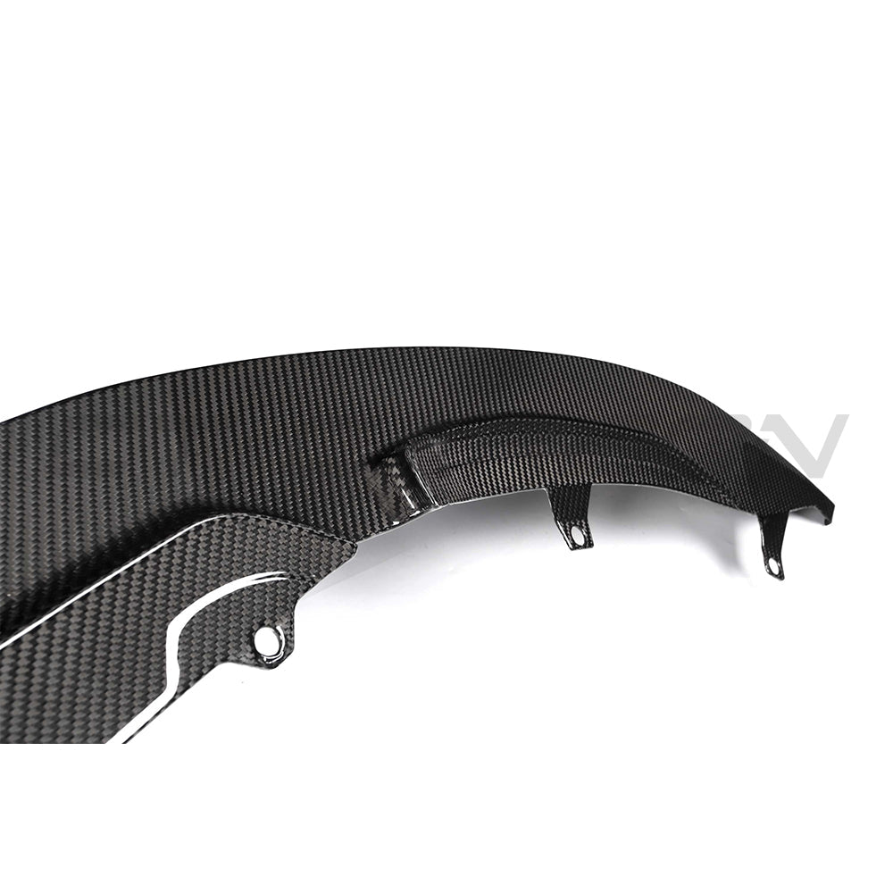 BMW M3/M4 F80/F82/F83 carbon fibre splitter by CT Carbon, V9 GT style, showcasing sleek, lightweight aerodynamic design.