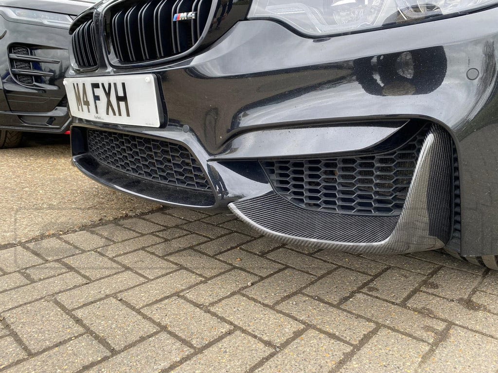 BMW M3 M4 F80 F82 F83 carbon canards and splitters by CT Carbon, showcasing aerodynamic front splitter design.