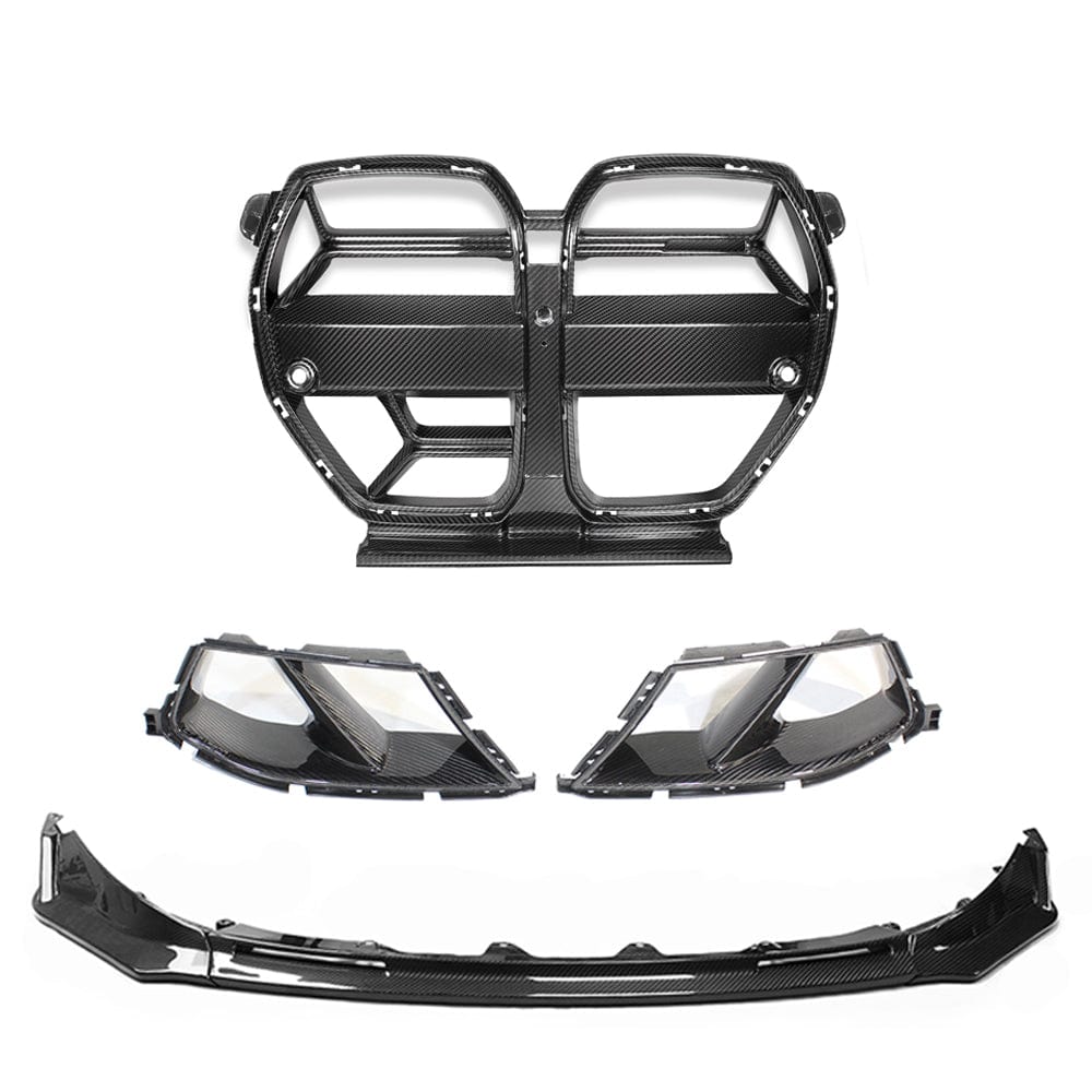 BMW M3 M4 G80 G81 G82 G83 carbon fibre front end kit by CT Carbon, featuring V5 design with additional accessories.