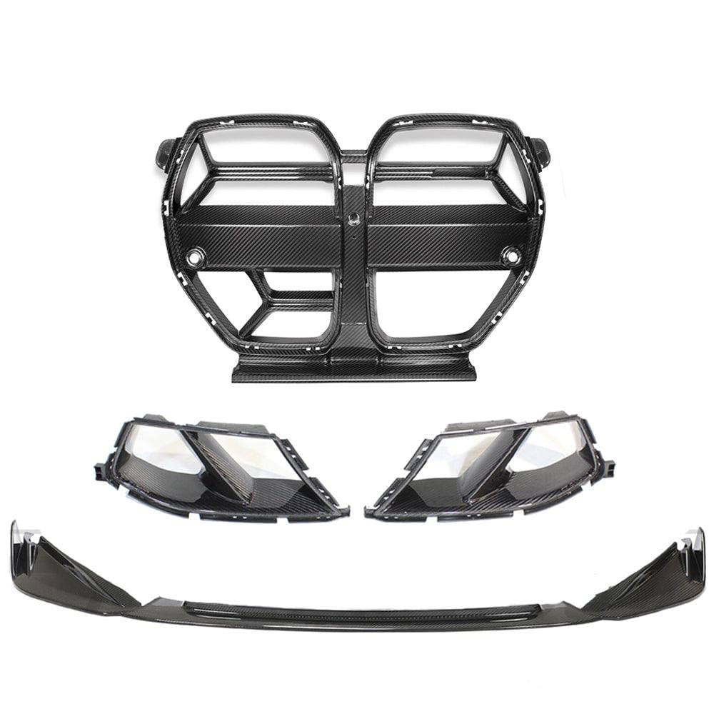 BMW M3 M4 G80 G81 G82 G83 Carbon Fibre Front End Pack by CT Carbon, showing sleek carbon fibre components on the front of the car.