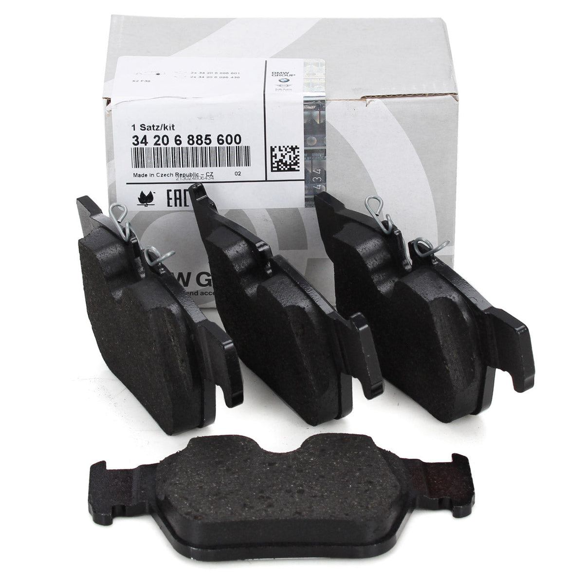 Genuine BMW rear brake pads for F40 M135i and F44 M235i, showing new brake pad set with part number 34206885600.