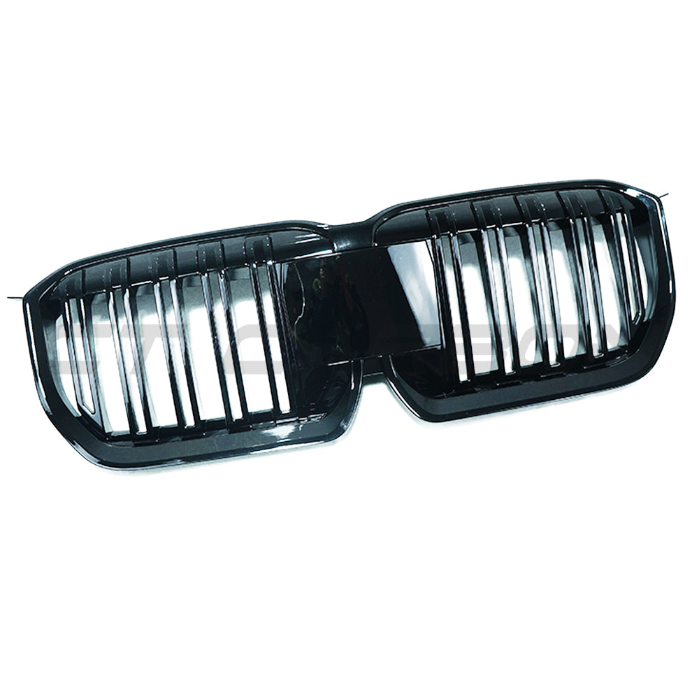 BMW U11 X1 2023 gloss black double slat grille by CT Carbon, close-up view showing sleek design and glossy finish.