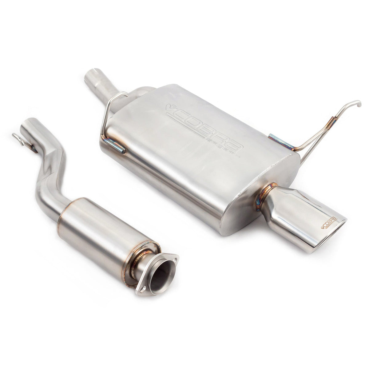 Cobra Sport BMW Z3 1.9 M44 cat back performance exhaust system installed on the vehicle, showcasing polished metal pipes and tips.