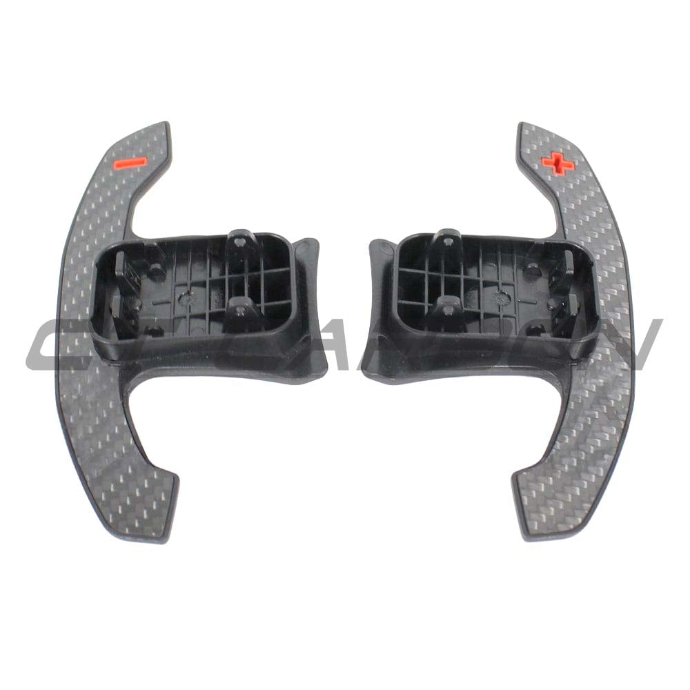 BMW MINI Fxx Gxx carbon fiber shifter paddles by CT Carbon, close-up of sleek, lightweight racing-style paddle accessories.