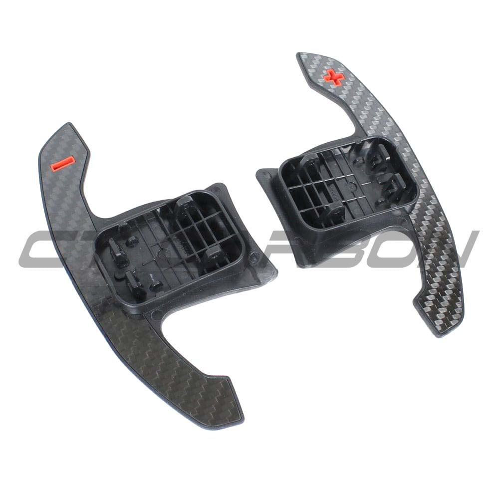 BMW and MINI Fxx Gxx carbon fiber shifter paddles by CT Carbon, showcasing sleek, lightweight racing-style gear shift accessories.