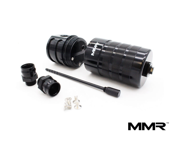 BMW F2x F3x N55 engine with MMX Performance oil catch can kit installed, showcasing the black catch can and mounting parts.