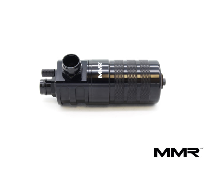 BMW N55 engine oil catch can kit by MMX Performance, with black hoses and metal fittings on a white background.