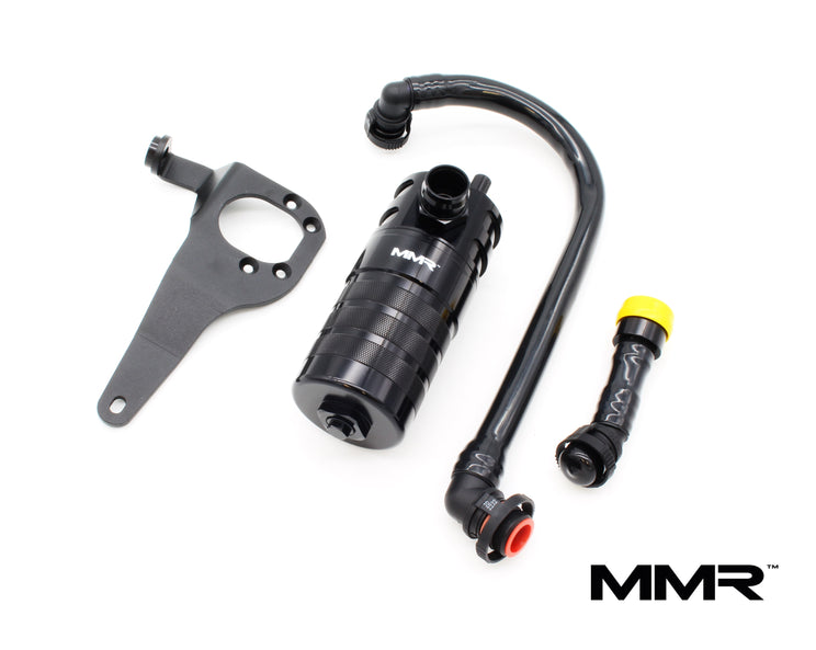 BMW N55 engine oil catch can kit with MMX Performance lowering springs, shown installed in a BMW F2x or F3x model.