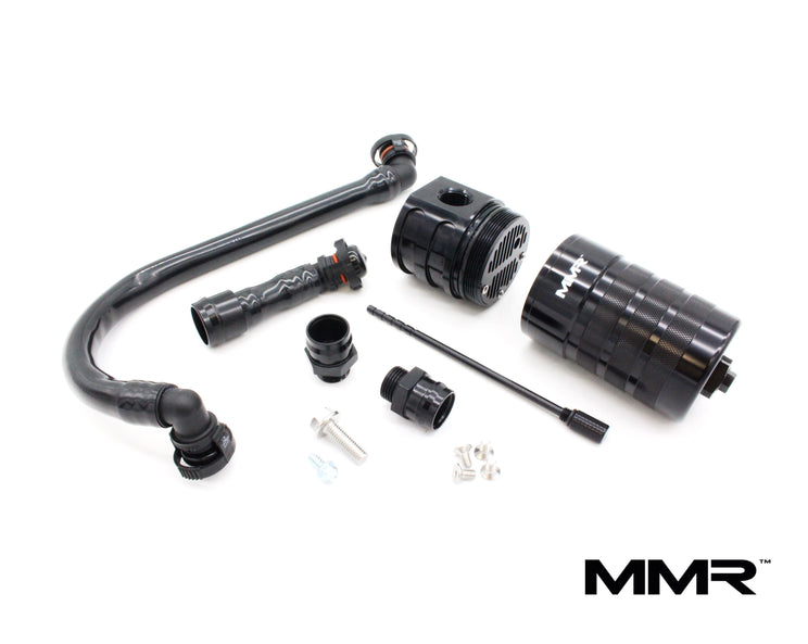 MMX Performance BMW N55 oil catch can kit installed, showcasing the sleek black can on a BMW engine bay.
