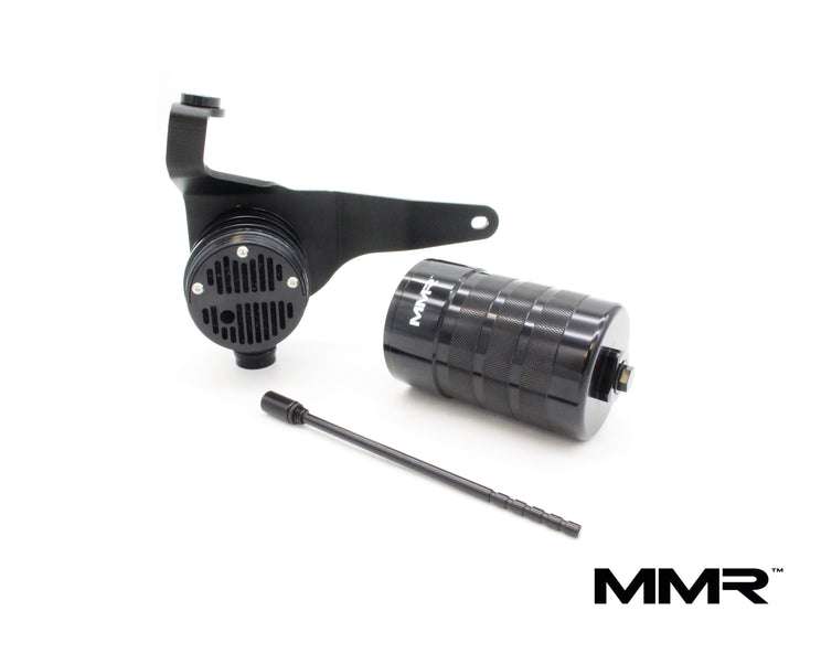 BMW N55 engine with MMX Performance oil catch can kit installed, showcasing the engine bay and catch can components.