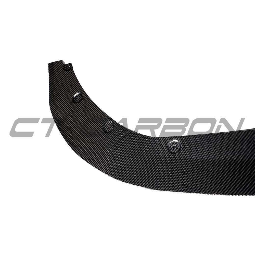 CT Carbon VW Golf MK8.5 R 2024+ carbon fiber splitter installed on front bumper, showcasing sleek, aerodynamic design.