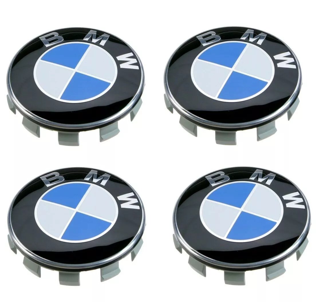 Set of four genuine BMW alloy wheel centre caps, 68mm diameter, with BMW logo, for authentic vehicle wheel decoration.