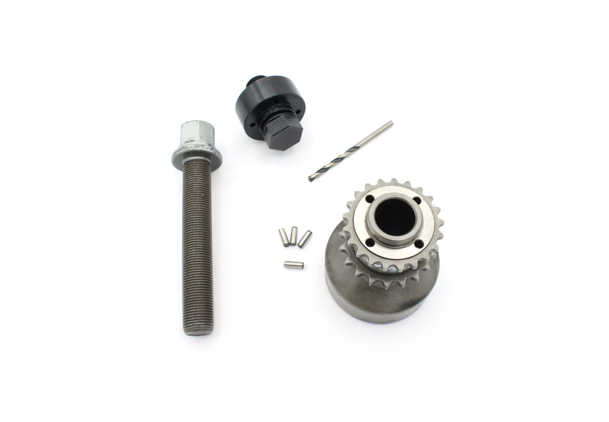 MMX Performance BMW S55 N55 crank hub with four pinned design for engine upgrade, shown in a close-up view of the engine parts.