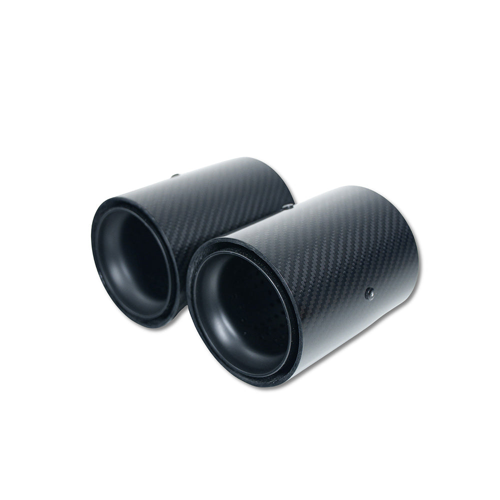 Set of two matte black CT Carbon exhaust tips for BMW F20 to F33 models, made of carbon fiber, designed to enhance vehicle appearance.