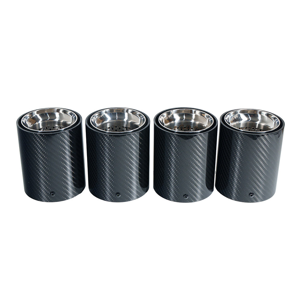 Set of four BMW F90/F92 M5/M8 carbon fibre exhaust tips with chrome finish by CT Carbon, showcasing sleek, polished design.