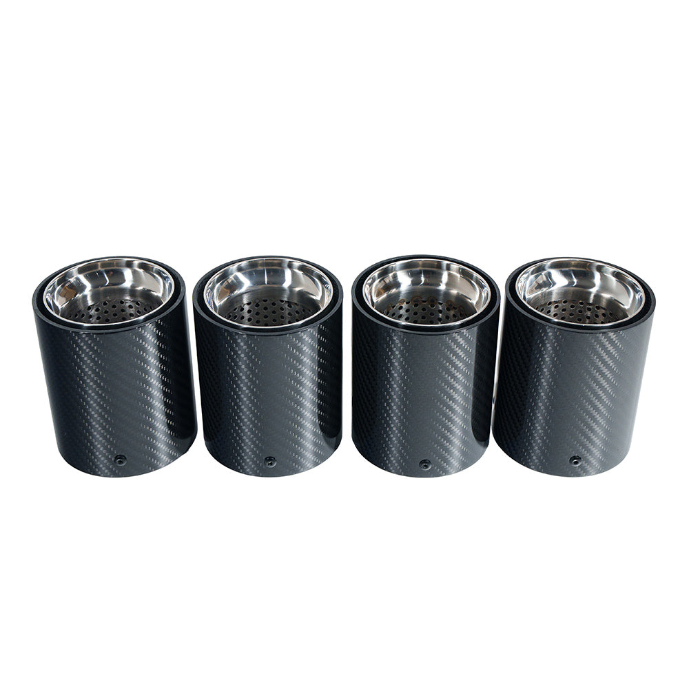 Set of four BMW F90/F92 M5 M8 carbon fibre exhaust tips with chrome finish by CT Carbon, designed for high-performance exhaust system.