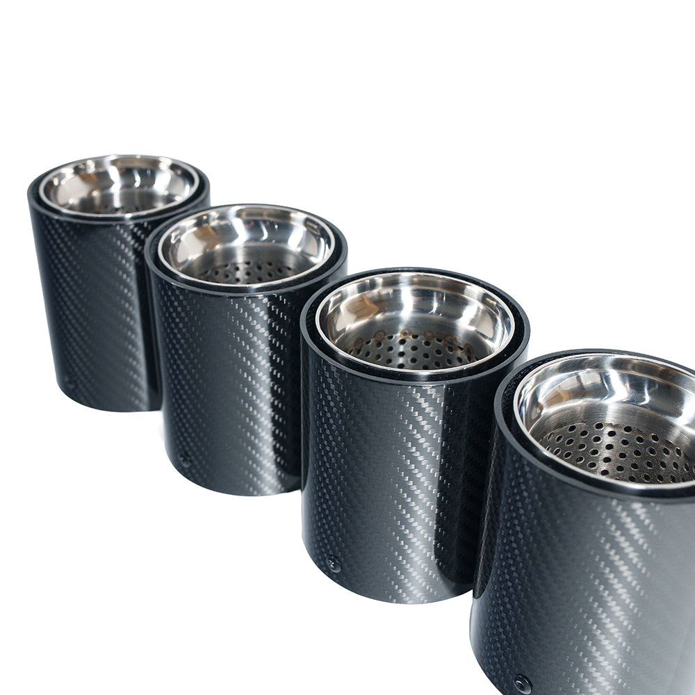 Set of four BMW F90/F92 M5/M8 Carbon Fibre Exhaust Tips by CT Carbon with chrome finish, designed for high-performance vehicles.