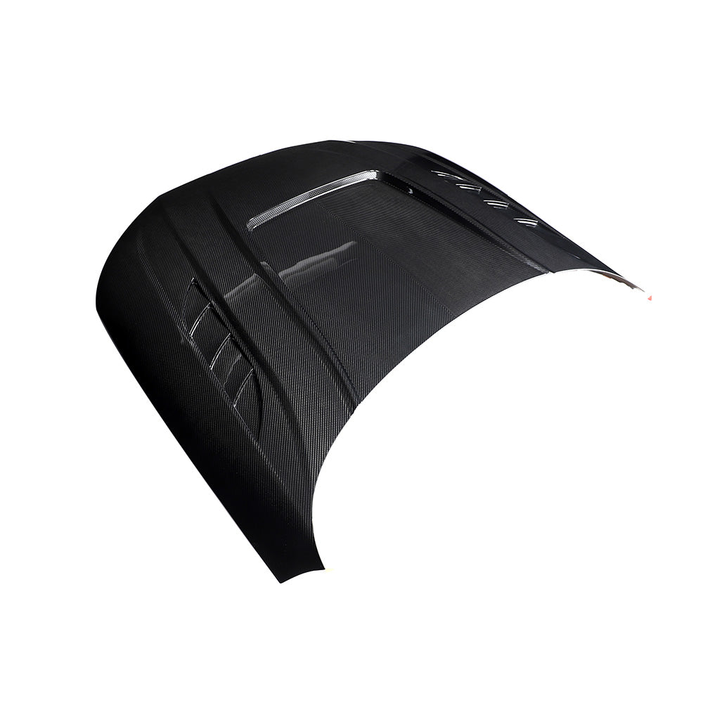 Carbon fiber bonnet for Audi A4/S4/RS4 B9/B9.5 2016-2024 by CT Carbon, shown from a side angle with detailed weave pattern.