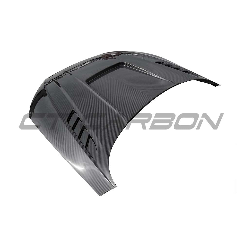Full front end kit for Audi RS6 C8 2019+ in carbon fiber by CT Carbon, showing detailed carbon fiber components and sleek design.