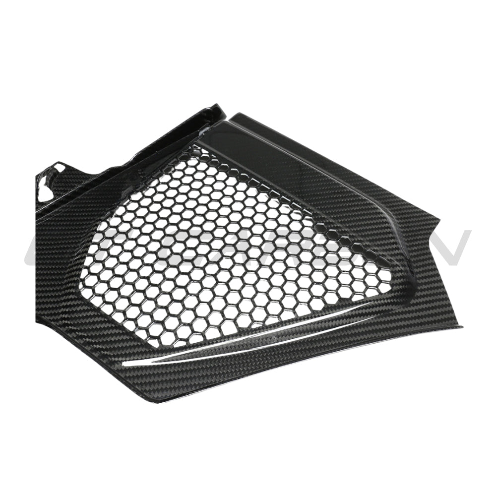 BMW M2, M3, M4 G87, G80, G81, G82, G83 carbon fibre engine bay upper trim by CT Carbon, LHD, detailed close-up view