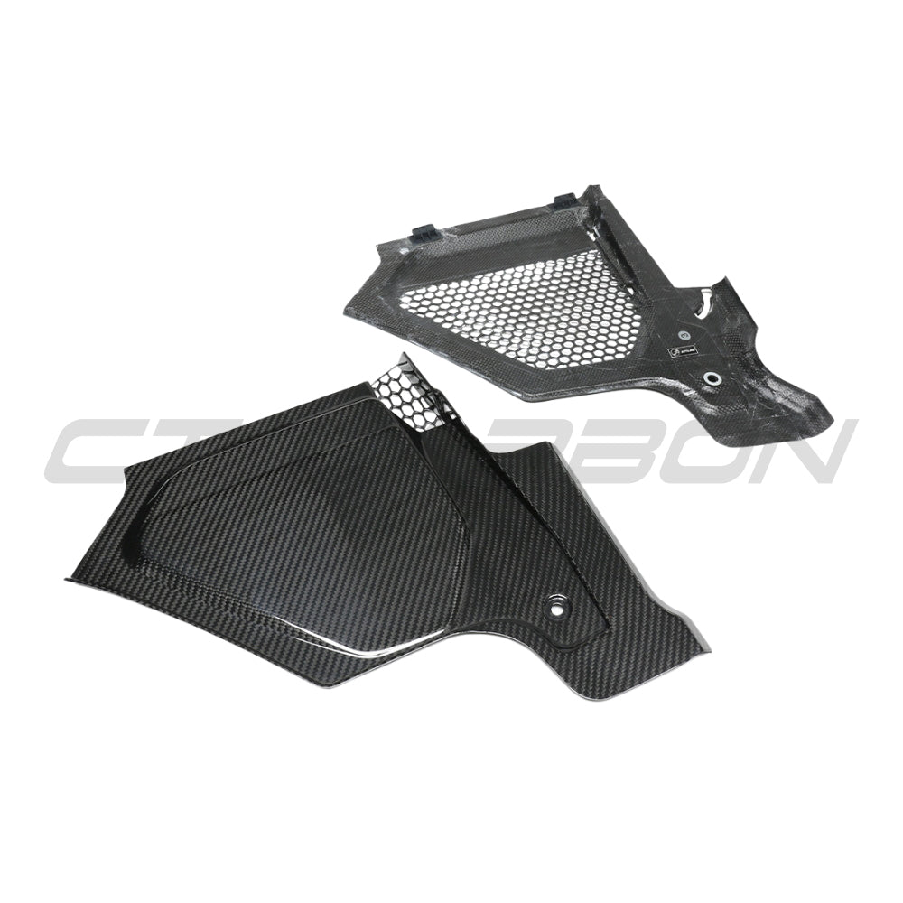 BMW M2, M3, M4 G87 G80 G81 G82 G83 carbon fibre engine bay upper trim by CT Carbon, LHD, detailed view of the accessory.